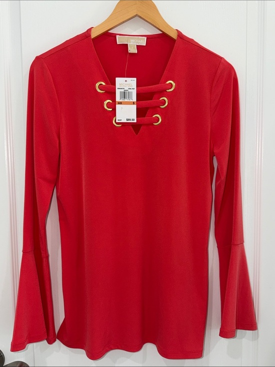 MICHAEL Michael Kors Tops - MICHAEL Michael Kors Red Lace-Up V-Neck Long Sleeve Top with bell sleeves NWT